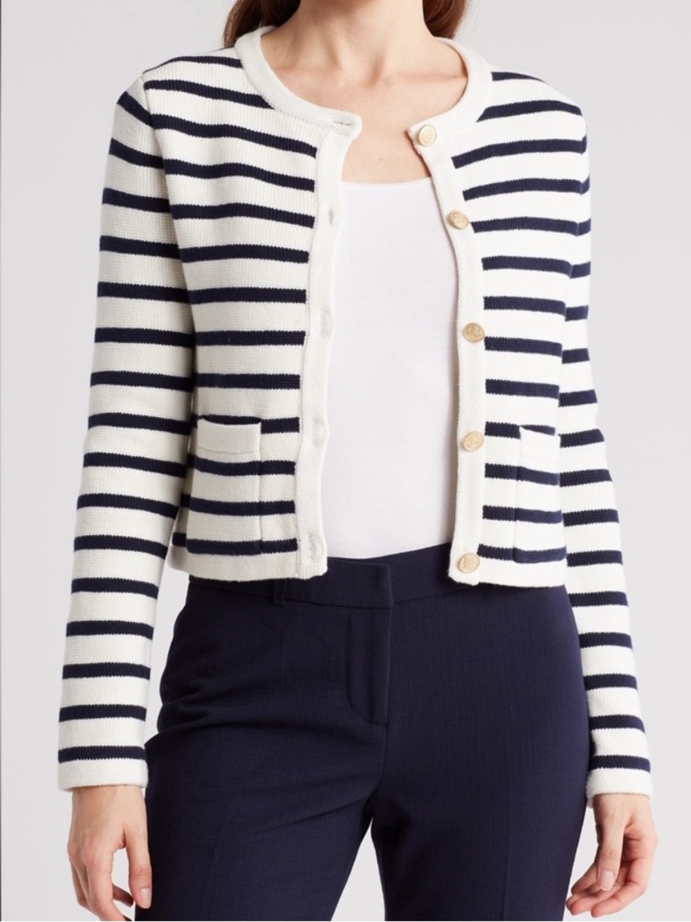 J. Crew Navy and White Striped Cardigan Sweater